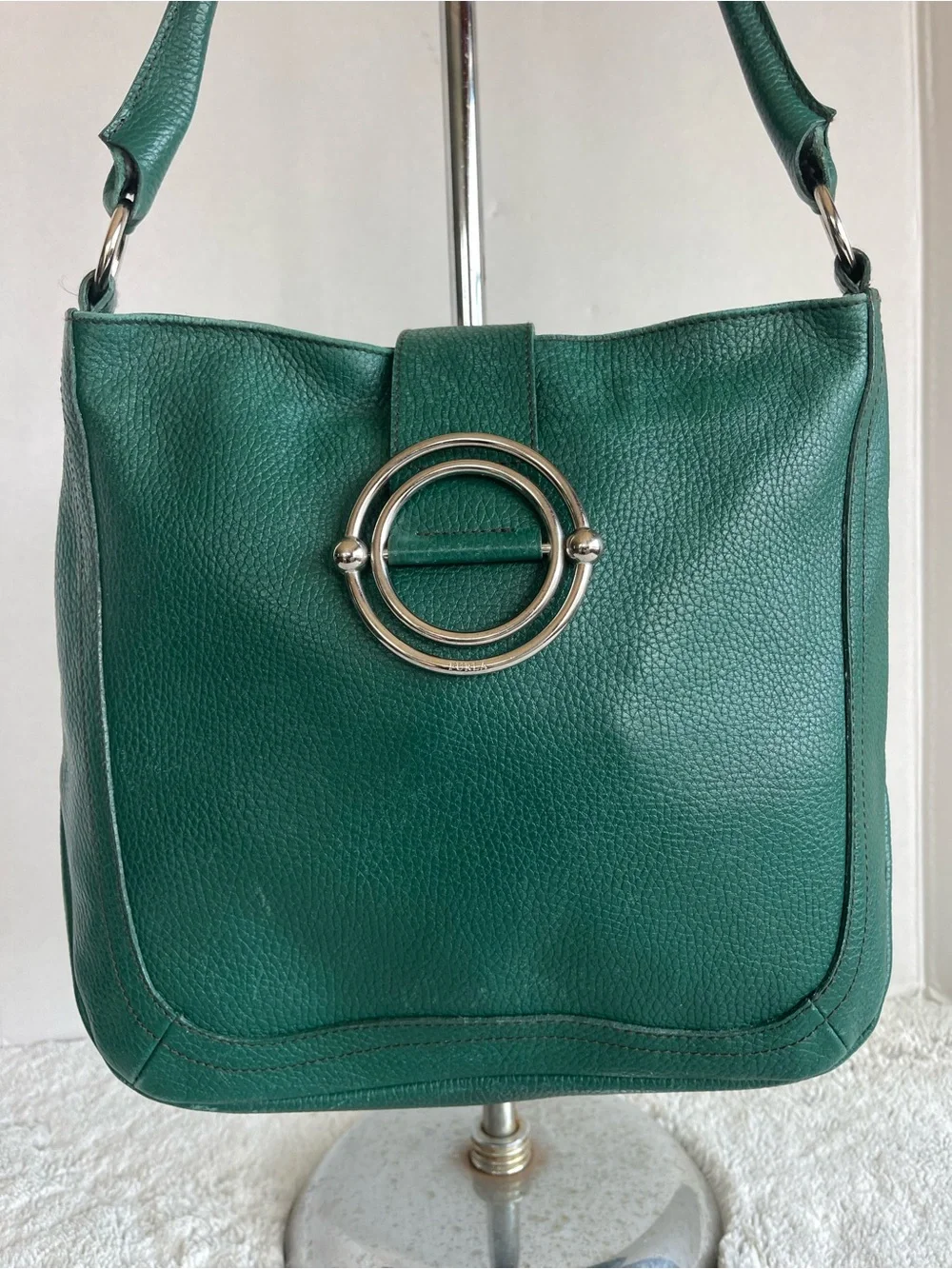 Furla Deep Green Leather Chrome Accent Satchel Women’s Bag